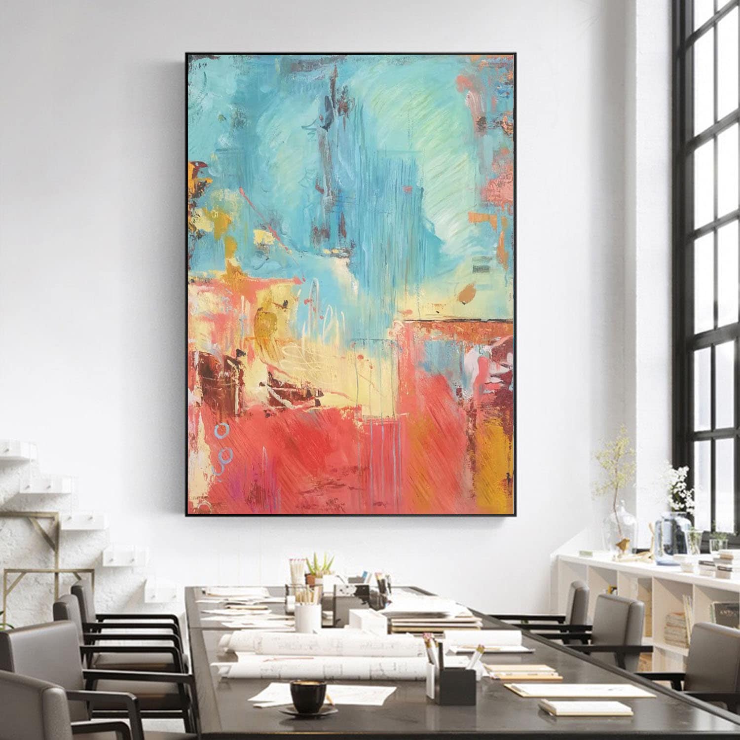 モダンでカラフルなウォールアート：鮮やかな赤、青、黄、白の抽象画