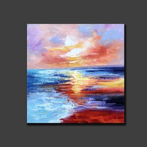 Sunset Ocean Seascape, Large Pink Orange Yellow Abstract Canvas Wall ArtSN219 image 6