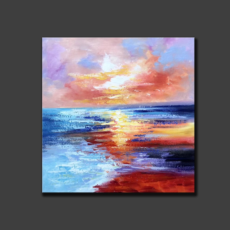 Sunset Ocean Seascape, Large Pink Orange Yellow Abstract Canvas Wall ArtSN219 image 6