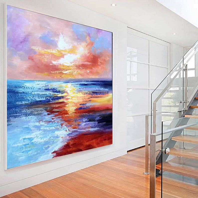 Sunset Ocean Seascape, Large Pink Orange Yellow Abstract Canvas Wall ArtSN219 image 3