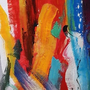 Puede incluir: Una pintura abstracta con pinceladas gruesas y texturizadas en colores vibrantes que incluyen amarillo brillante, rojo intenso, naranja, turquesa y azul real. La composici&oacute;n muestra una aplicaci&oacute;n de pintura vertical.
