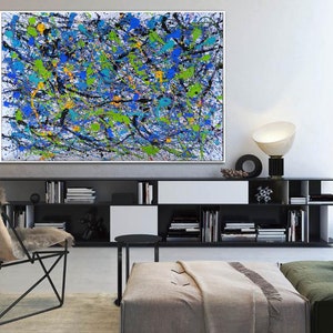 May include: Abstract painting with a white background and splashes of blue, green, yellow, and black paint.