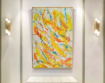 Modern Wall Art - Yellow Jackson Pollock Drip Style Painting, Textured & Vibrant, Oversized Abstract, Original Art Large SN205