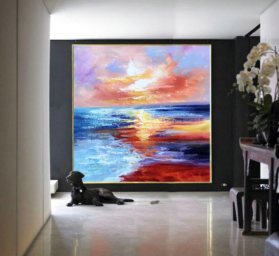 Sunset Ocean Seascape, Large Pink Orange Yellow Abstract Canvas Wall ...