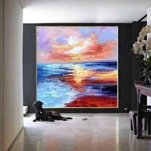 Sunset Ocean Seascape, Large Pink Orange Yellow Abstract Canvas Wall ArtSN219 image 1