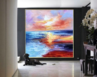 Sunset Ocean Seascape, Large Pink Orange Yellow Abstract Canvas Wall ArtSN219