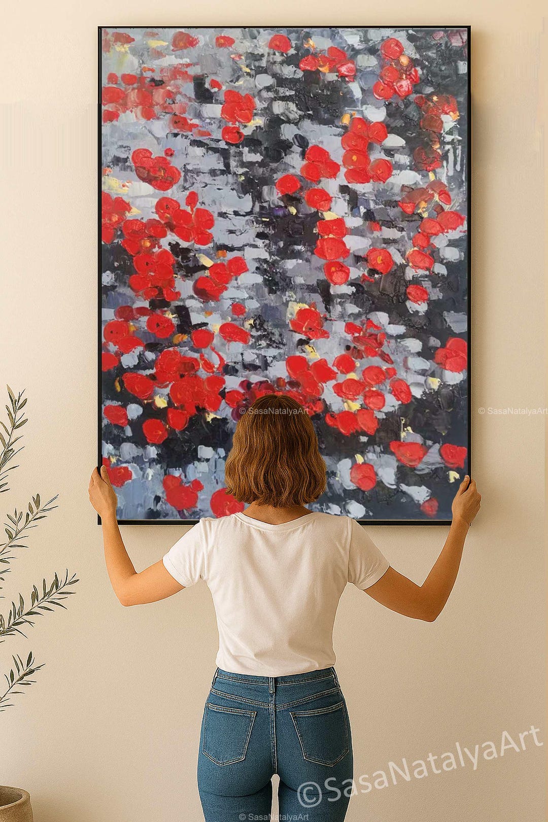Abstract Red Flower Canvas Art, Large Textured Floral Painting for ...