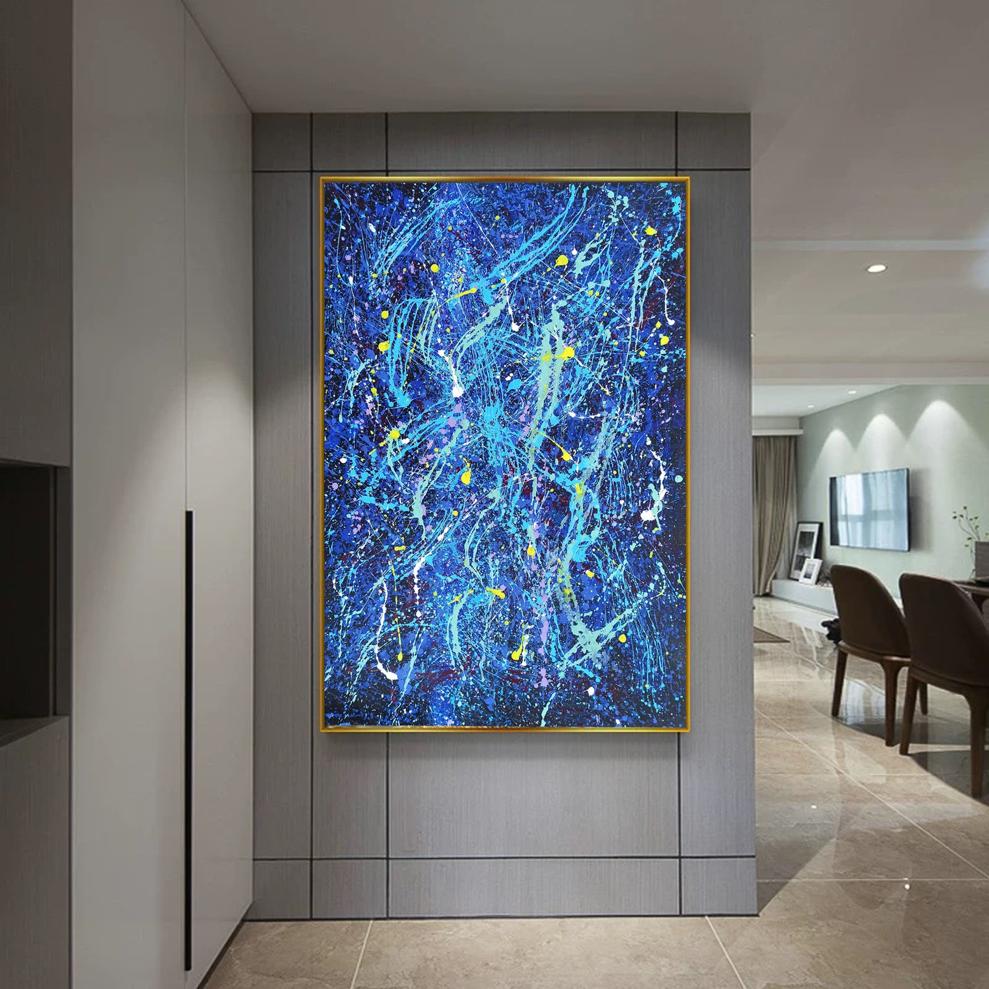Large Blue Abstract Oil Painting on Canvas, Modern Splatter Wall Art ...