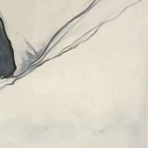 May include: Abstract painting with a white background and a black and gray line that curves across the canvas.