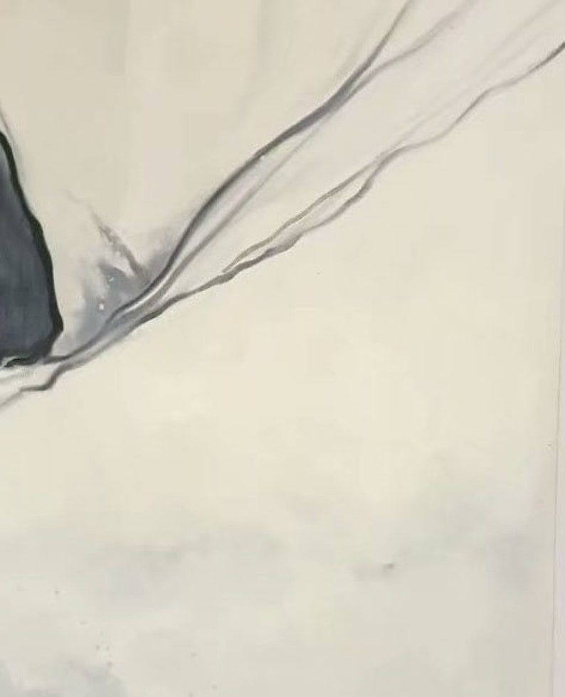 May include: Abstract painting with a white background and a black and gray line that curves across the canvas.