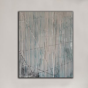 May include: Abstract painting with a textured surface. The painting features a pattern of vertical stripes in shades of gray and blue. The stripes are slightly wavy and create a sense of movement.