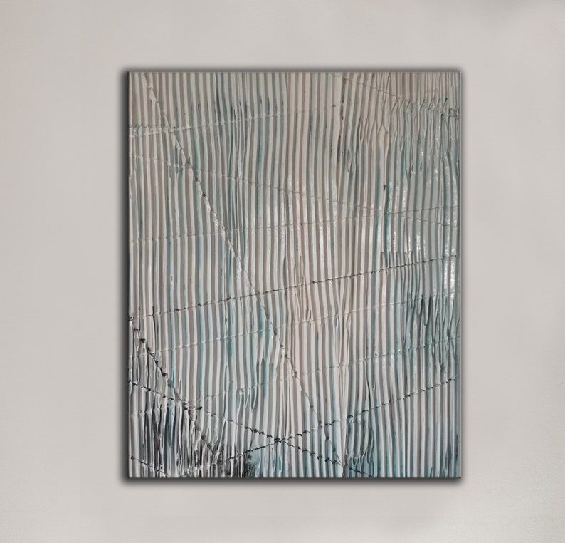 May include: Abstract painting with a textured surface. The painting features a pattern of vertical stripes in shades of gray and blue. The stripes are slightly wavy and create a sense of movement.