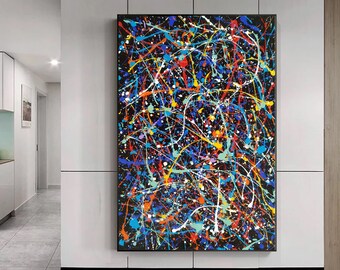 大きな抽象画 大きな絵画 特大の絵画、黒黄色のアート絵画、ジャクソン