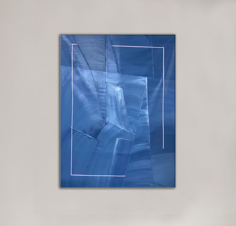 Large Blue Abstract Painting Blue Wall Art Blue Minimalist Etsy