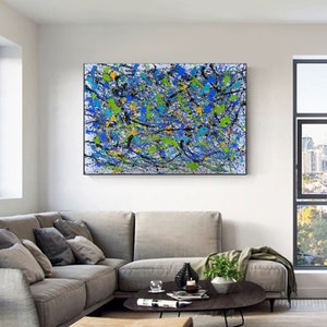 May include: Abstract painting with a white background and splashes of blue, green, black, and yellow paint.
