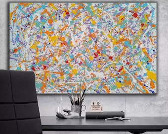 Jackson Pollock Inspired Splatter Painting - Large Original Abstract Oil on Canvas, Colorful Yellow Orange Red Blue Green Purple SN134