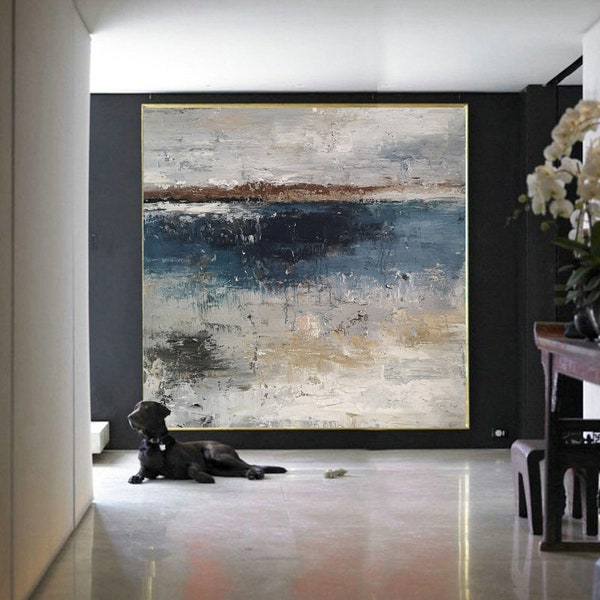 Oversize Wall Art Canvas, Gray Painting Ocean Painting Blue Painting Abstract Oil Canvas Painting Large Abstract Living Room Wall Art SN33