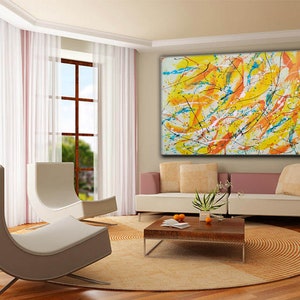 jackson pollock artwork, Yellow abstract painting, jackson pollock art, jackson pollock canvas, original paintings, large wall art SN195