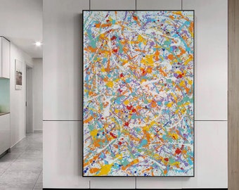 Large oil painting, Jackson pollock style, Abstract wall art, Beige yellow art Jackson Pollock style, jackson pollock inspired art SN142