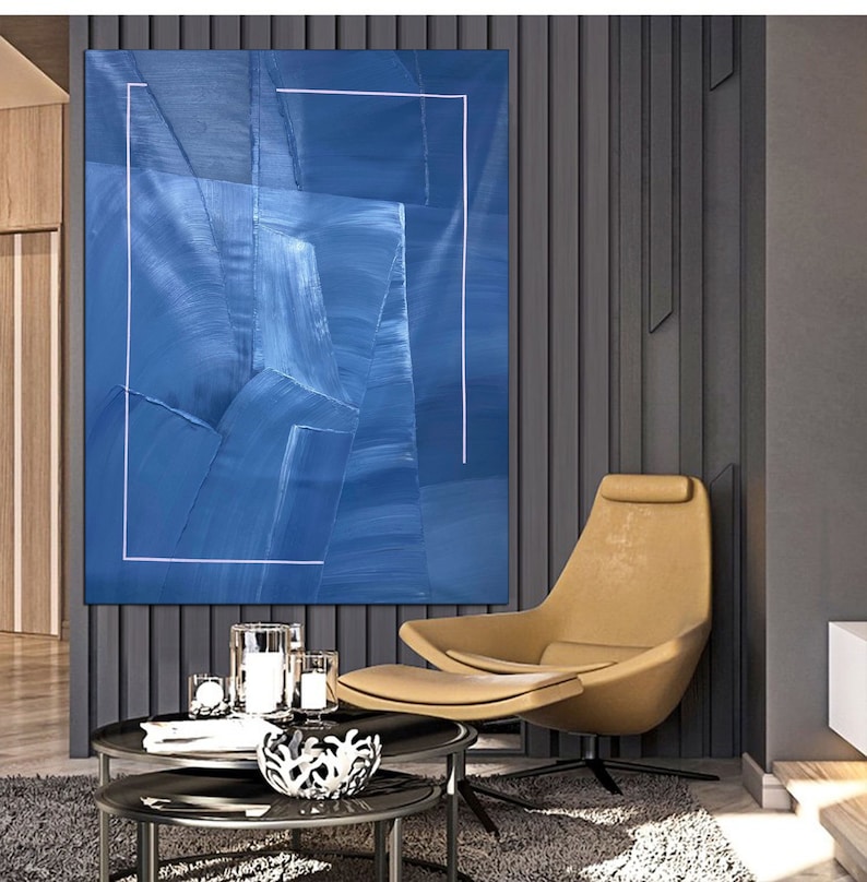 Large Blue Abstract Painting Blue Wall Art Blue Minimalist Etsy