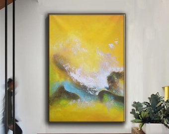黄色の抽象画、オフィスの壁画、鮮やかな黄色の絵画、油絵の抽象画