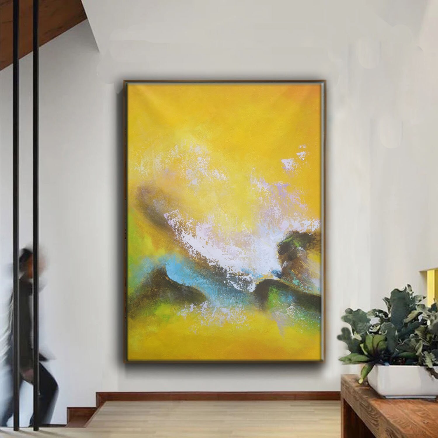 黄色の抽象画、オフィスの壁画、鮮やかな黄色の絵画、油絵の抽象画