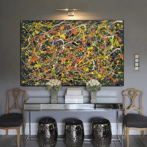 Jackson pollock Style Paintings,Jackson Pollock Style Abstract Painting on Canvas, Drip Painting Home Decor Yellow Hanging Artwork SN138