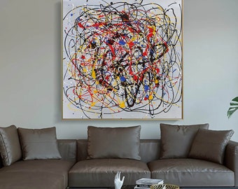 Puede incluir: Pintura abstracta con fondo blanco y líneas y salpicaduras negras, rojas, amarillas y azules.