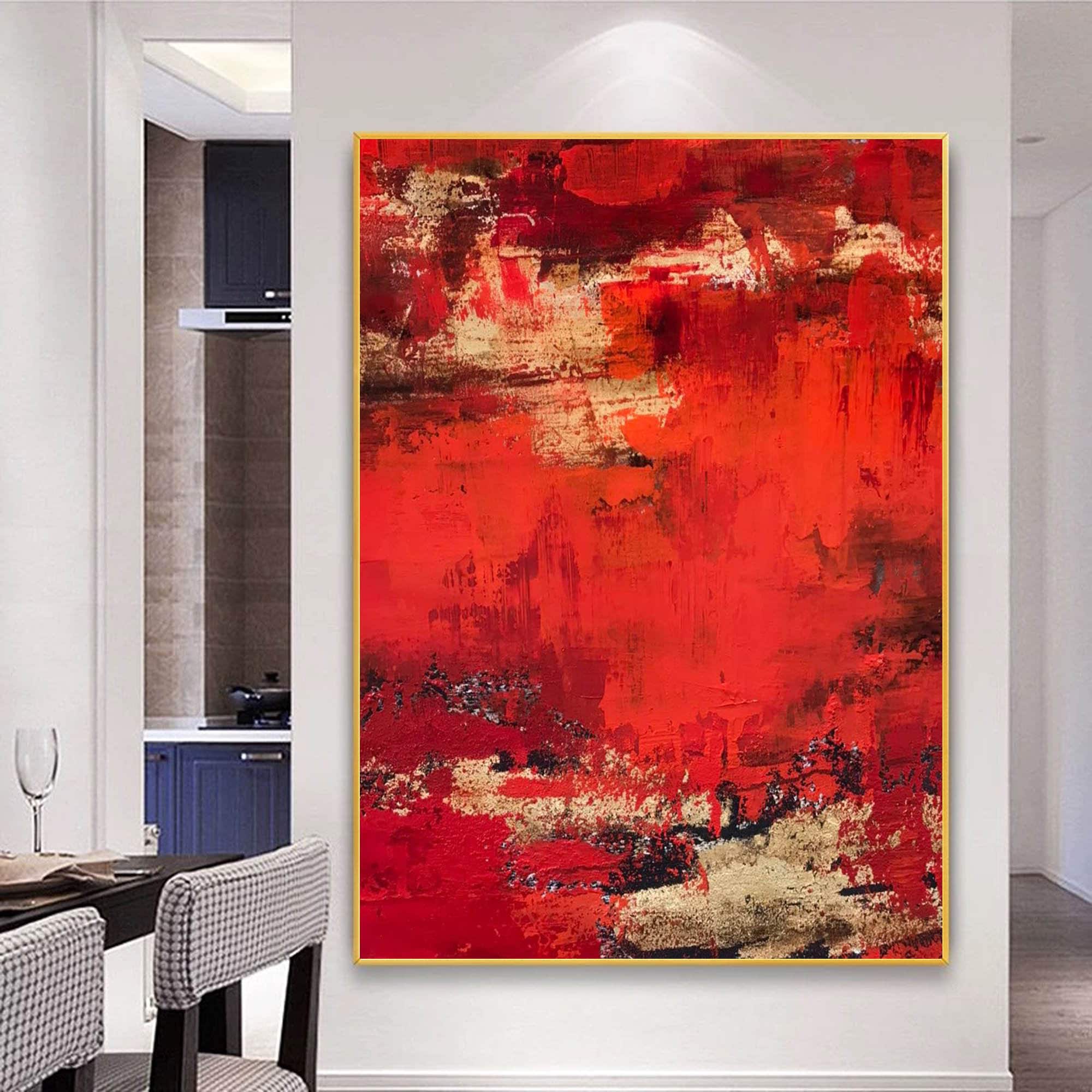 大きなオリジナル絵画 赤い壁アート 抽象的な赤い絵画 赤と金のアート