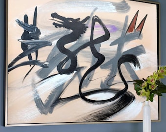 Large Abstract Art, Hand-Painted Chinese Calligraphy Dragon Oil Painting - Unique Wall Art Original Artwork Texture Painting SN614