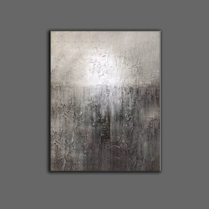 May include: Abstract painting with a textured surface. The painting is mostly gray and white with hints of brown and black.