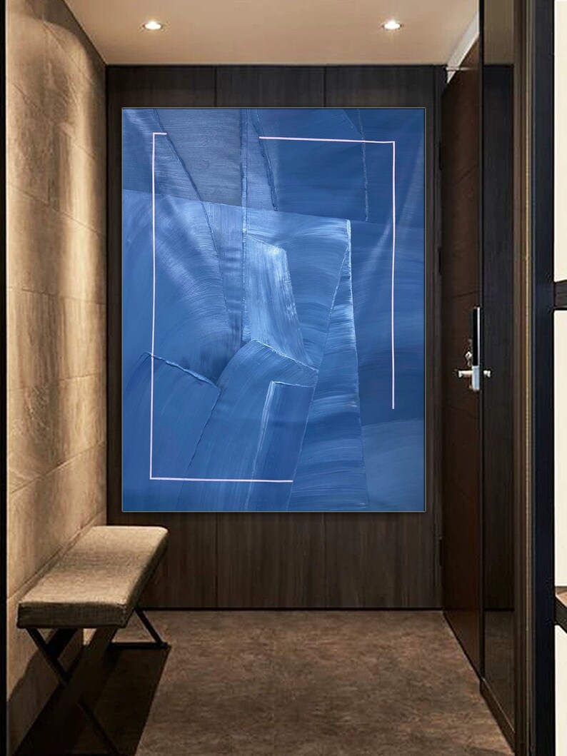 Large Blue Abstract Painting Blue Wall Art Blue Minimalist Etsy