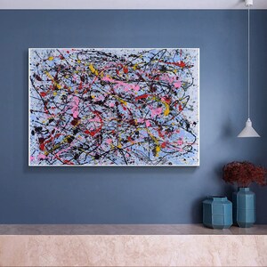 Jackson Pollock geïnspireerd schilderij, kleurrijke kunst aan de muur, moderne abstracte kunst, kleurrijke schilderkunst, abstracte kunstwerken, gieten schilderij SN258