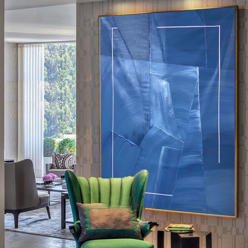 Large Blue Abstract Painting Blue Wall Art Blue Minimalist Etsy