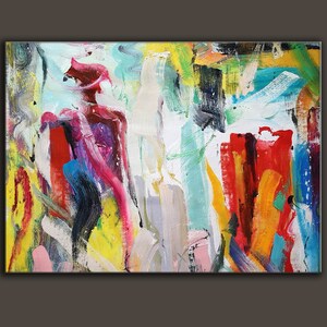 Abstract painting with bright colors including red, yellow, blue, green, and purple. The painting has a white background and is created with thick brushstrokes.