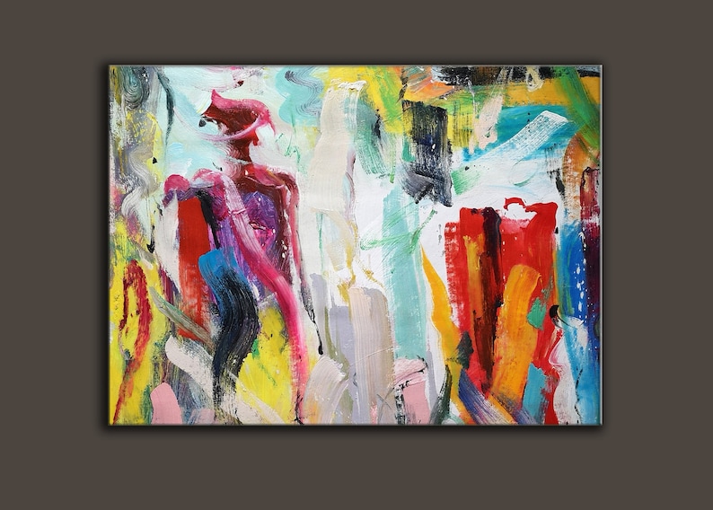 Abstract painting with bright colors including red, yellow, blue, green, and purple. The painting has a white background and is created with thick brushstrokes.