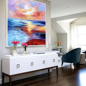 Sunset Ocean Seascape, Large Pink Orange Yellow Abstract Canvas Wall ArtSN219 image 8