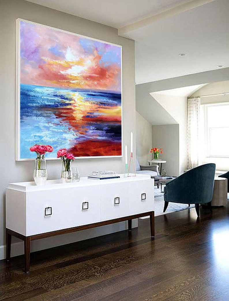 Sunset Ocean Seascape, Large Pink Orange Yellow Abstract Canvas Wall ArtSN219 image 8