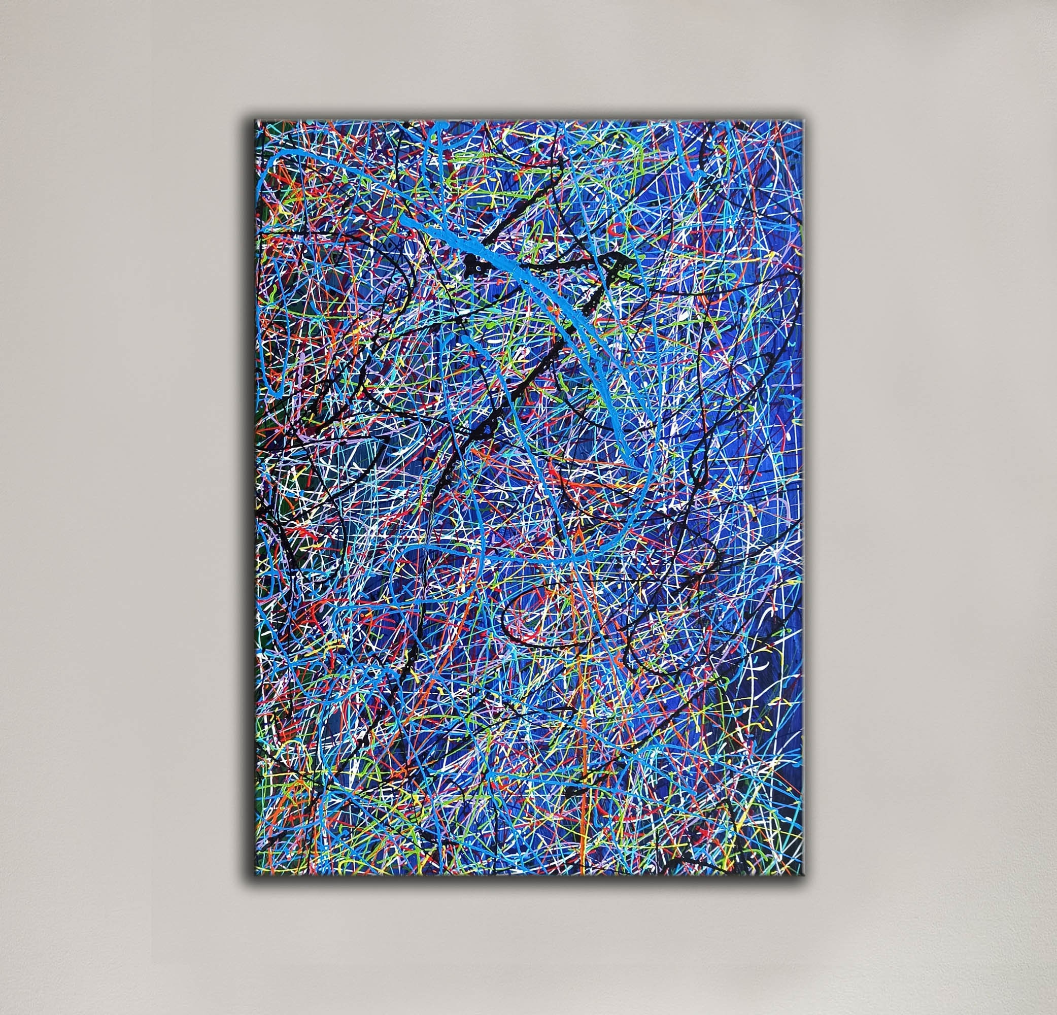 ポロックスタイルの絵画、モダンな特大壁アートブルー抽象アート絵画