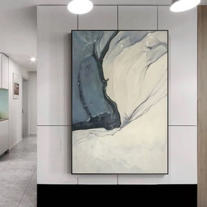 May include: Abstract painting with a white background and a large blue and black shape in the center. The shape is surrounded by thin, white lines.