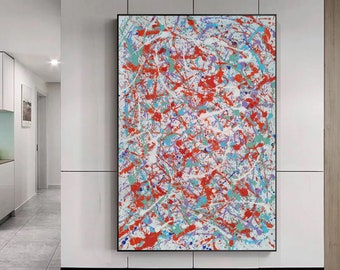 Action Painting: Duży obraz abstrakcyjny w stylu Jacksona Pollocka w kolorze czerwonym SN153