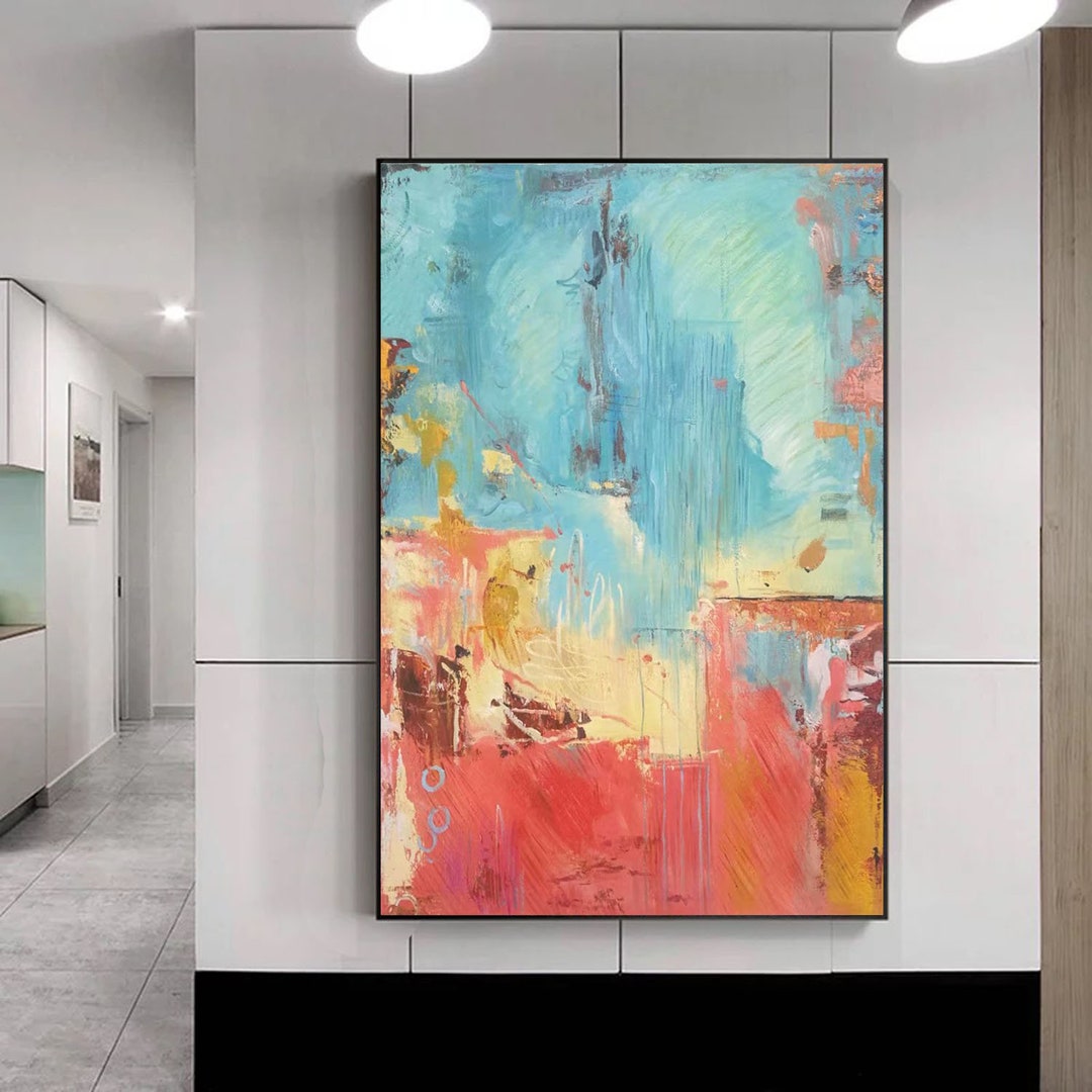 モダンでカラフルなウォールアート：鮮やかな赤、青、黄、白の抽象画