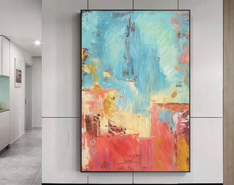 モダンでカラフルなウォールアート：鮮やかな赤、青、黄、白の抽象画