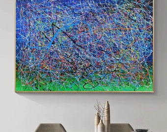 大きな青と緑の抽象画、モダンな3Dテクスチャ抽象アート、青い抽象油絵