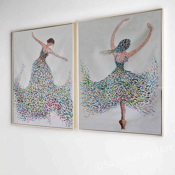 Dancing Ballerina Wall Art Set: Female Ballet Paintings with Colorful Textured Dresses SN573