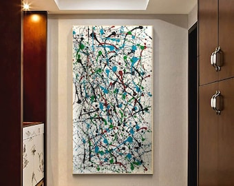 Extra large wall art, Live room Painting, Large Oil Painting, Blue Jackson Pollock style painting, Best Gift Abstract Painting SN171
