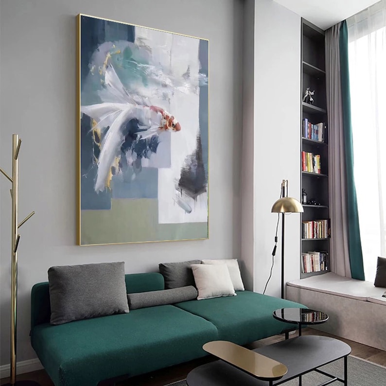 Arte de lienzo grande, pintura abstracta grande, pintura de pez KOI, arte abstracto de carpa, arte de pared de lienzo ciprinoide Koi Fish Wall Art Painting SN447 imagen 1