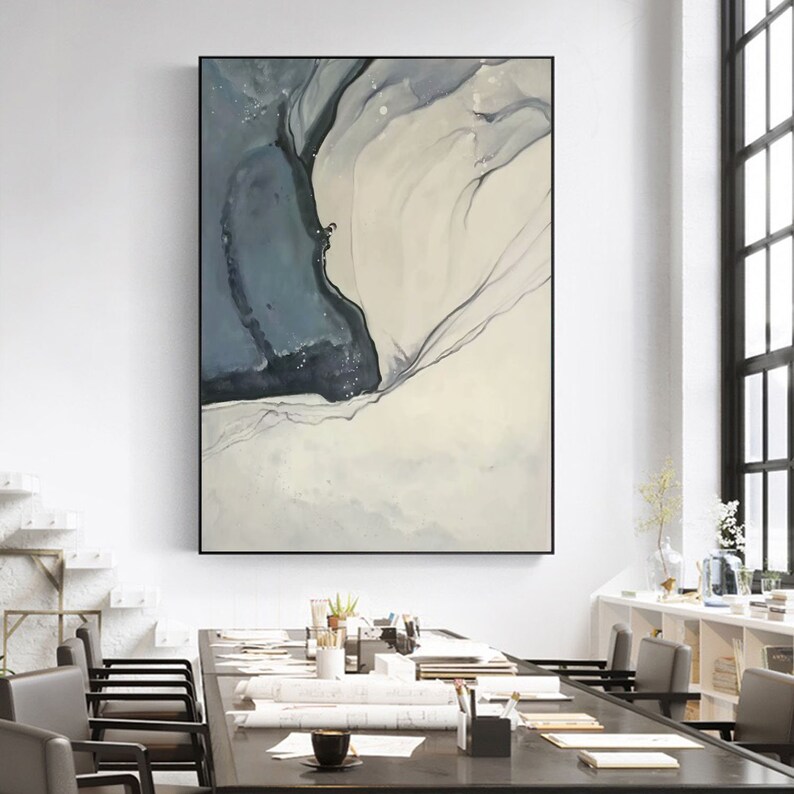 May include: Abstract painting with a white background and a large blue and black shape in the upper left corner. The shape is surrounded by thin, white lines.
