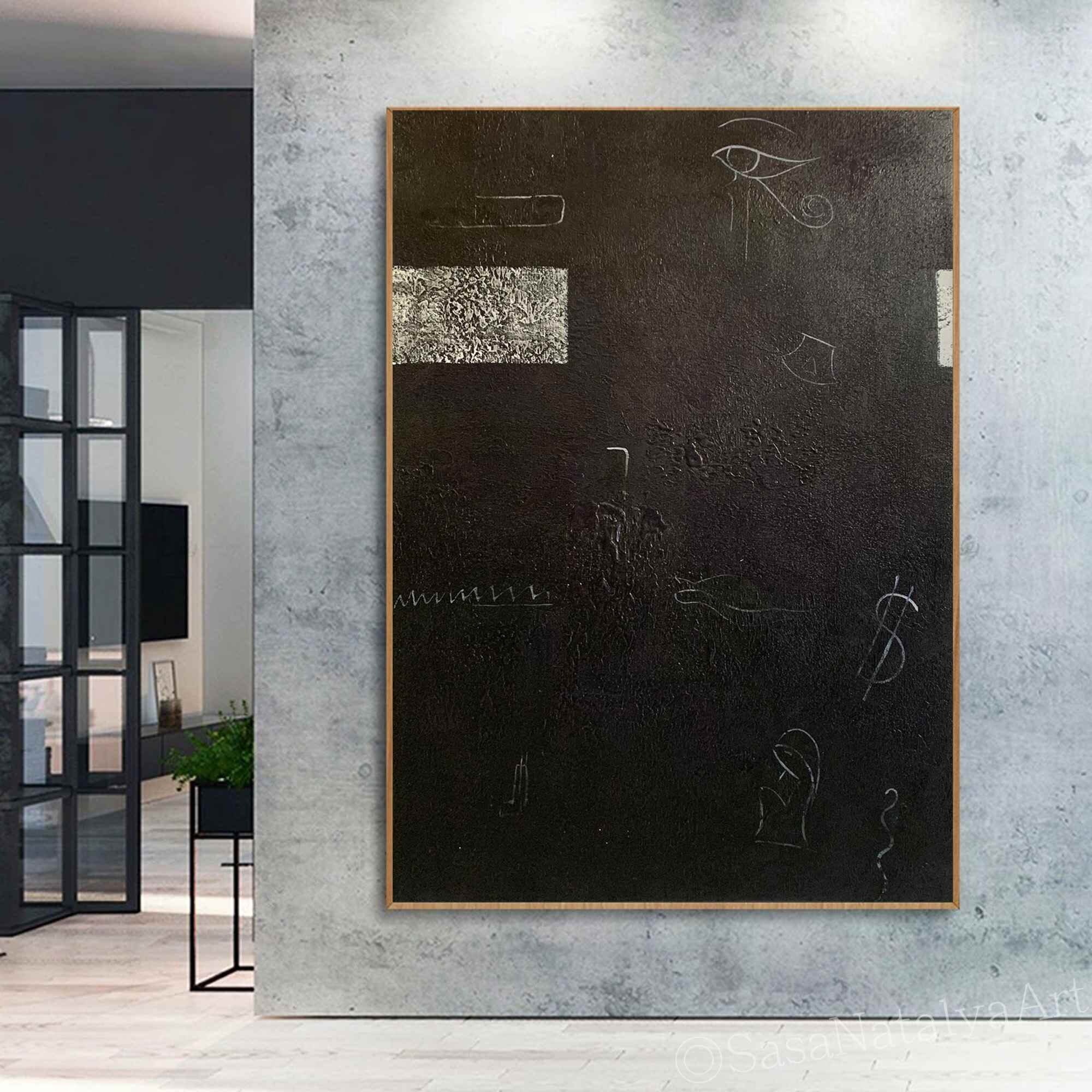Large Black Art Black Abstract Art Black Texture Painting Etsy