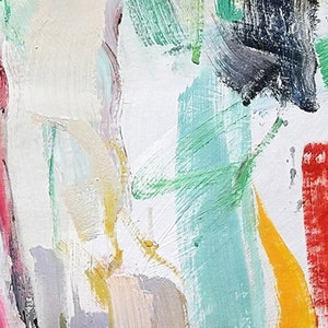 Puede incluir: Una pintura abstracta con pinceladas gruesas y texturizadas en una paleta vibrante de rojo, amarillo, verde azulado, verde, negro y blanco. La composici&oacute;n muestra aplicaciones de pintura en capas con t&eacute;cnicas de empaste visibles y trazos direccionales variados.